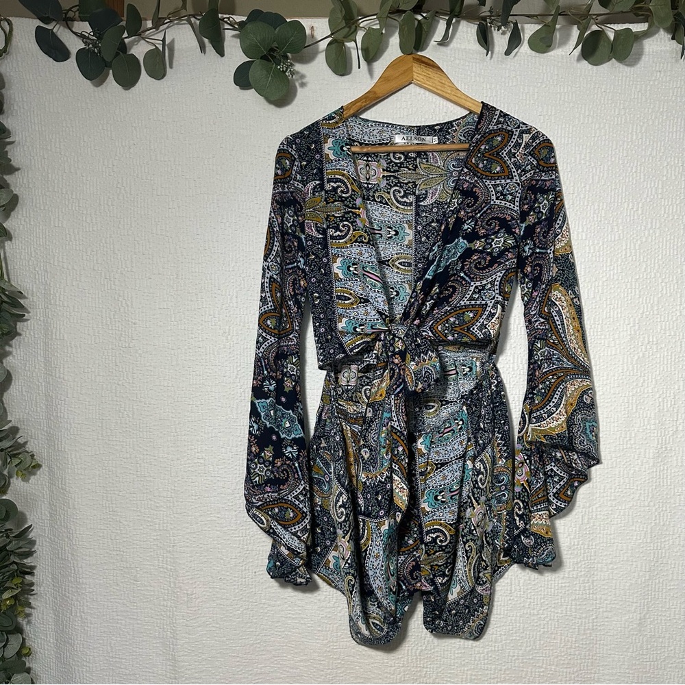 Aelson Boho Knot Front Romper, Flare Sleeves Festival Hippy Paisley Blue Beach